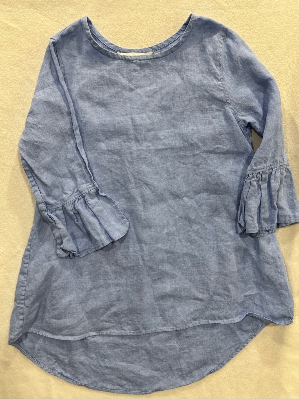 Crown Linen Designs Blue 100% Linen High Low Ruffle Sleeve Top M